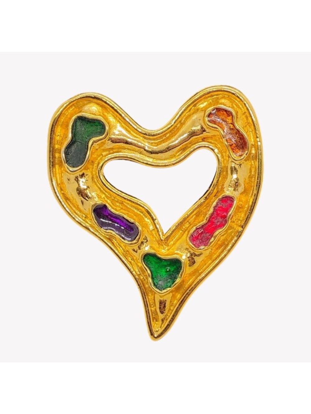 1980s Edouard Rambaud Paris Gold Plate Gripoix Glass Heart Brooch Pin Runway - Picture 2 of 6